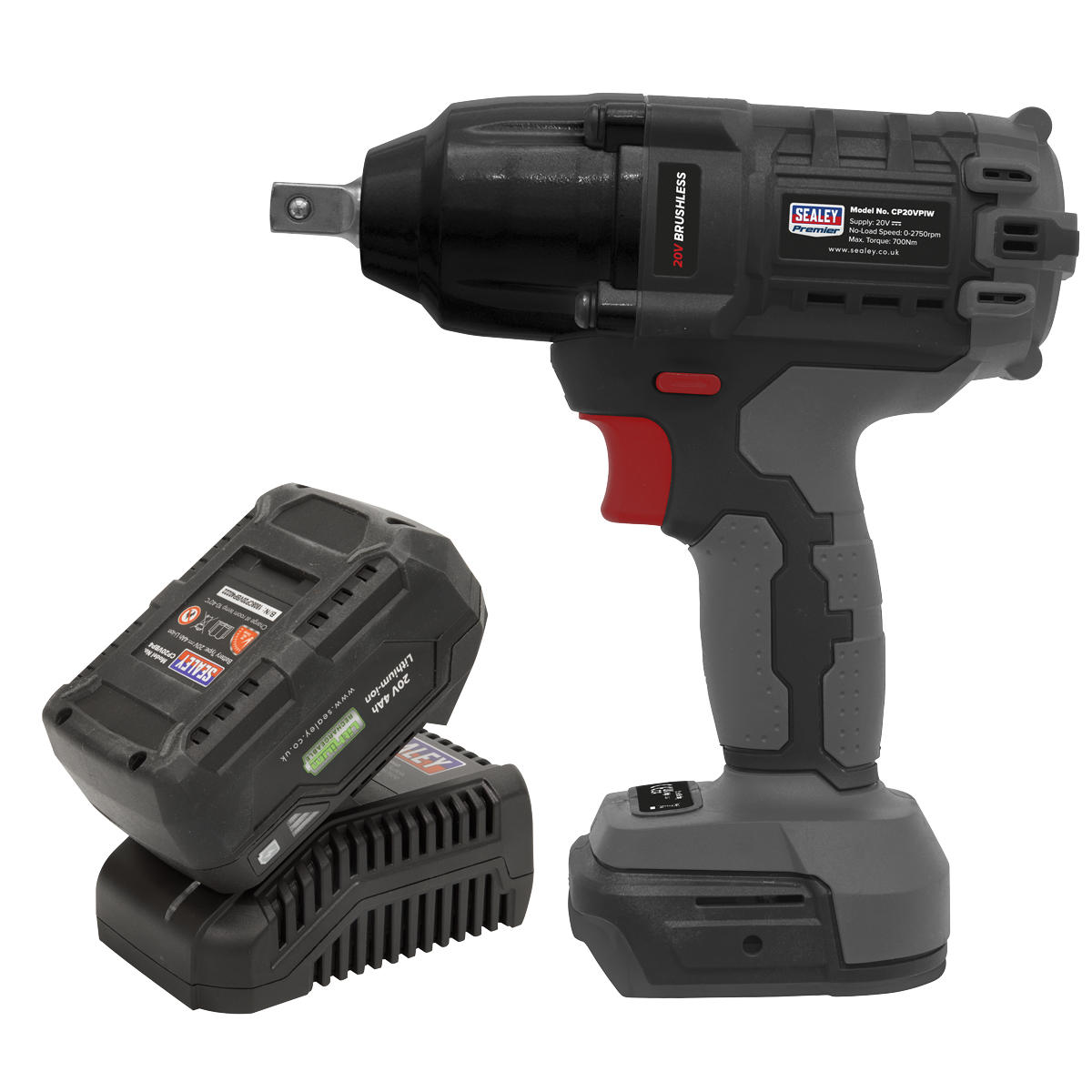 The Brushless Impact Wrench Kit 1/2" Sq Drive 20V 4Ah SV20 Series - CP20VPIWKIT1 from Sealey features a cordless impact wrench with a sleek black and red design, a brushless motor, and comes complete with a battery pack and charger.