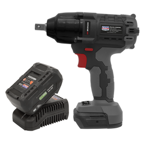 The Brushless Impact Wrench Kit 1/2" Sq Drive 20V 4Ah SV20 Series - CP20VPIWKIT1 from Sealey features a cordless impact wrench with a sleek black and red design, a brushless motor, and comes complete with a battery pack and charger.