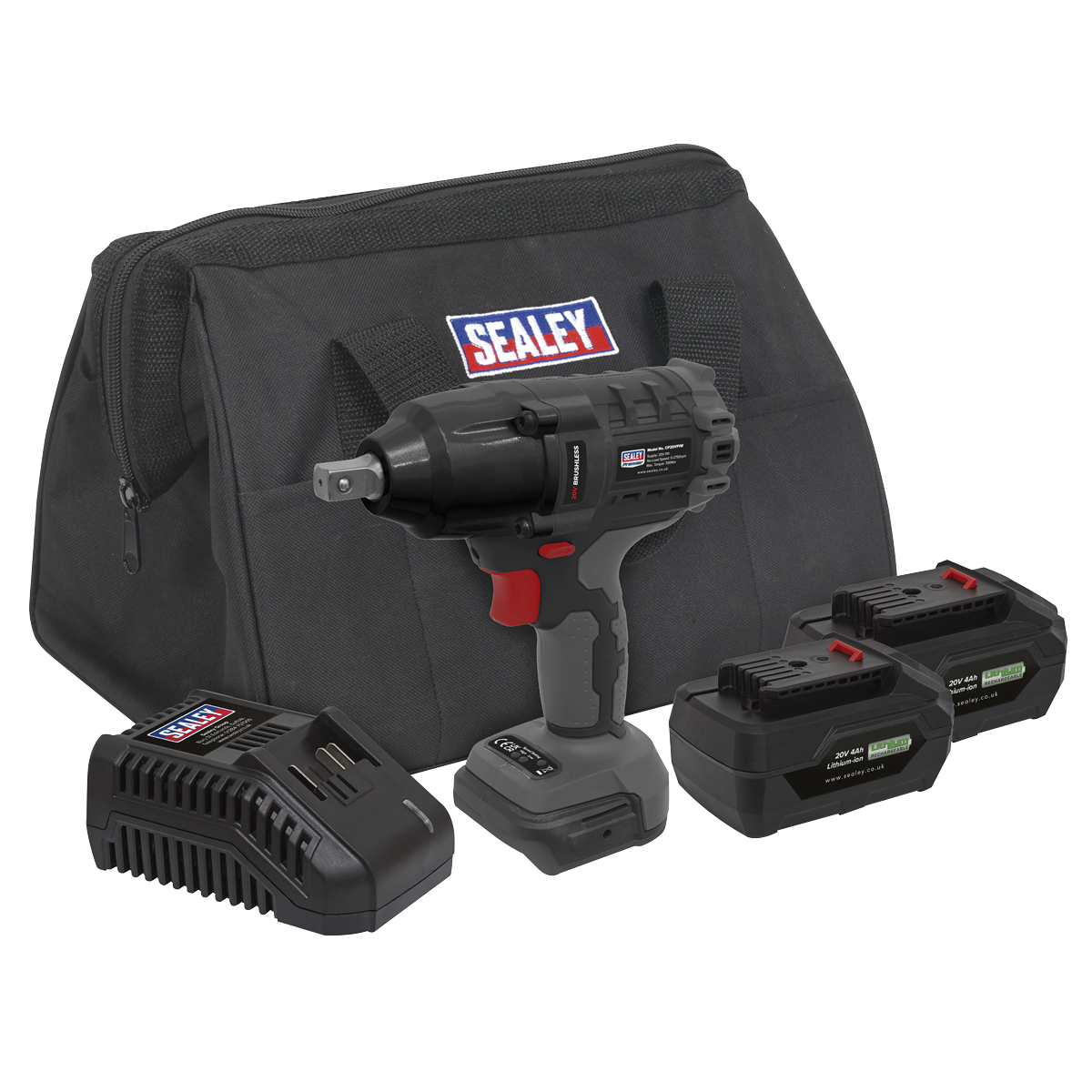 Introducing the Sealey Brushless Impact Wrench Kit 1/2"Sq Drive 20V SV20 Series (CP20VPIWKIT) with two batteries, a charging dock, and a sleek black carrying bag—all proudly branded with the "Sealey" logo.