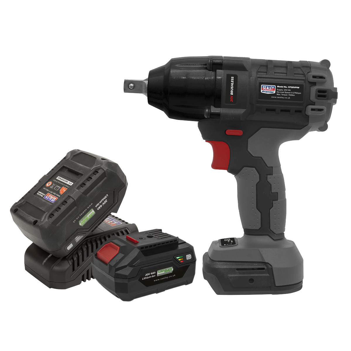 A black and grey Brushless Impact Wrench Kit 1/2" Sq Drive from the Sealey SV20 Series, featuring a red trigger, is shown next to two rechargeable 20V batteries and a charger.