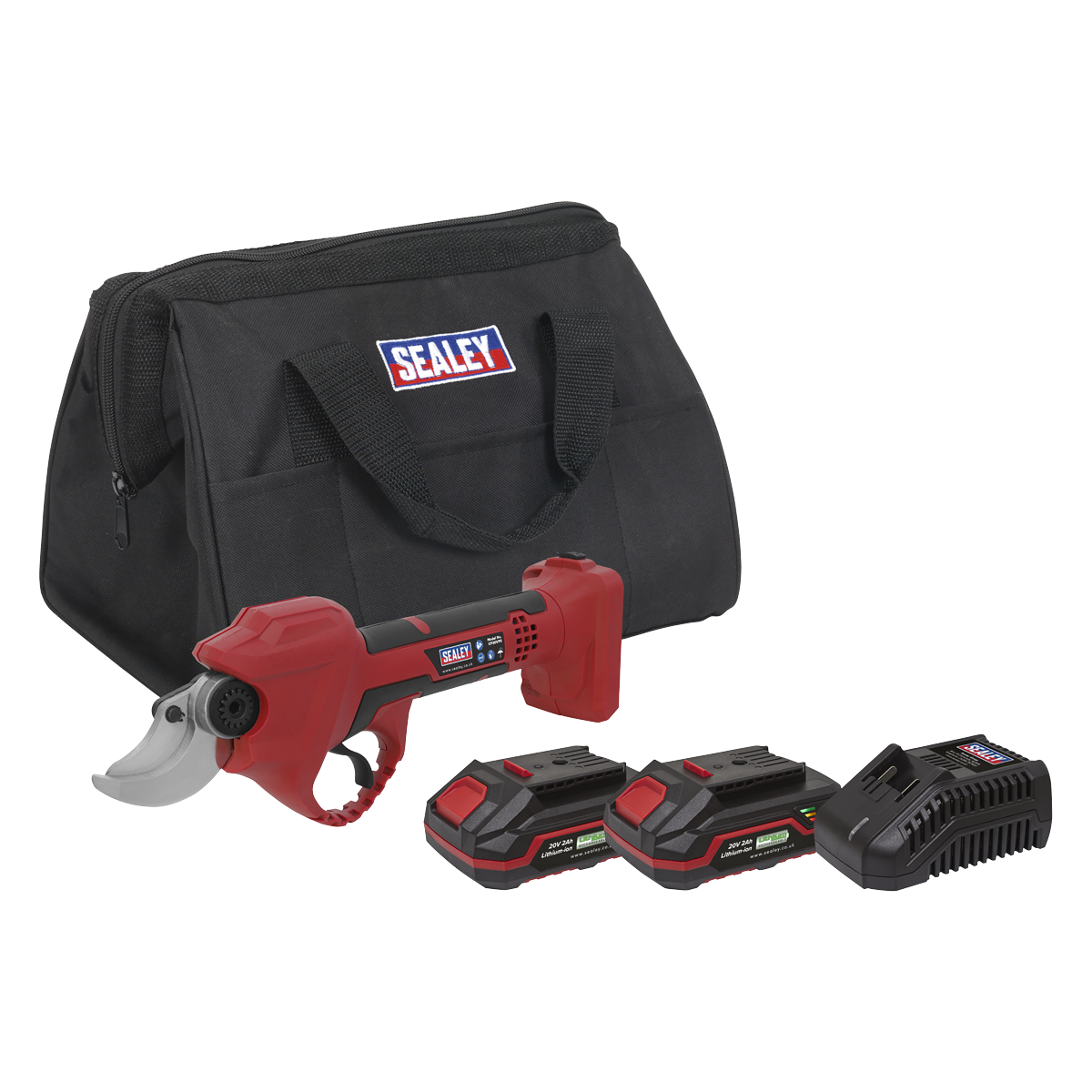 A set of red Cordless Pruning Shears Kit 20V 2Ah from Sealey's SV20 Series is displayed in this image, featuring an ergonomic design, two black batteries, a black charger, and a black carrying bag with the Sealey logo.