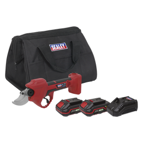 A set of red Cordless Pruning Shears Kit 20V 2Ah from Sealey's SV20 Series is displayed in this image, featuring an ergonomic design, two black batteries, a black charger, and a black carrying bag with the Sealey logo.