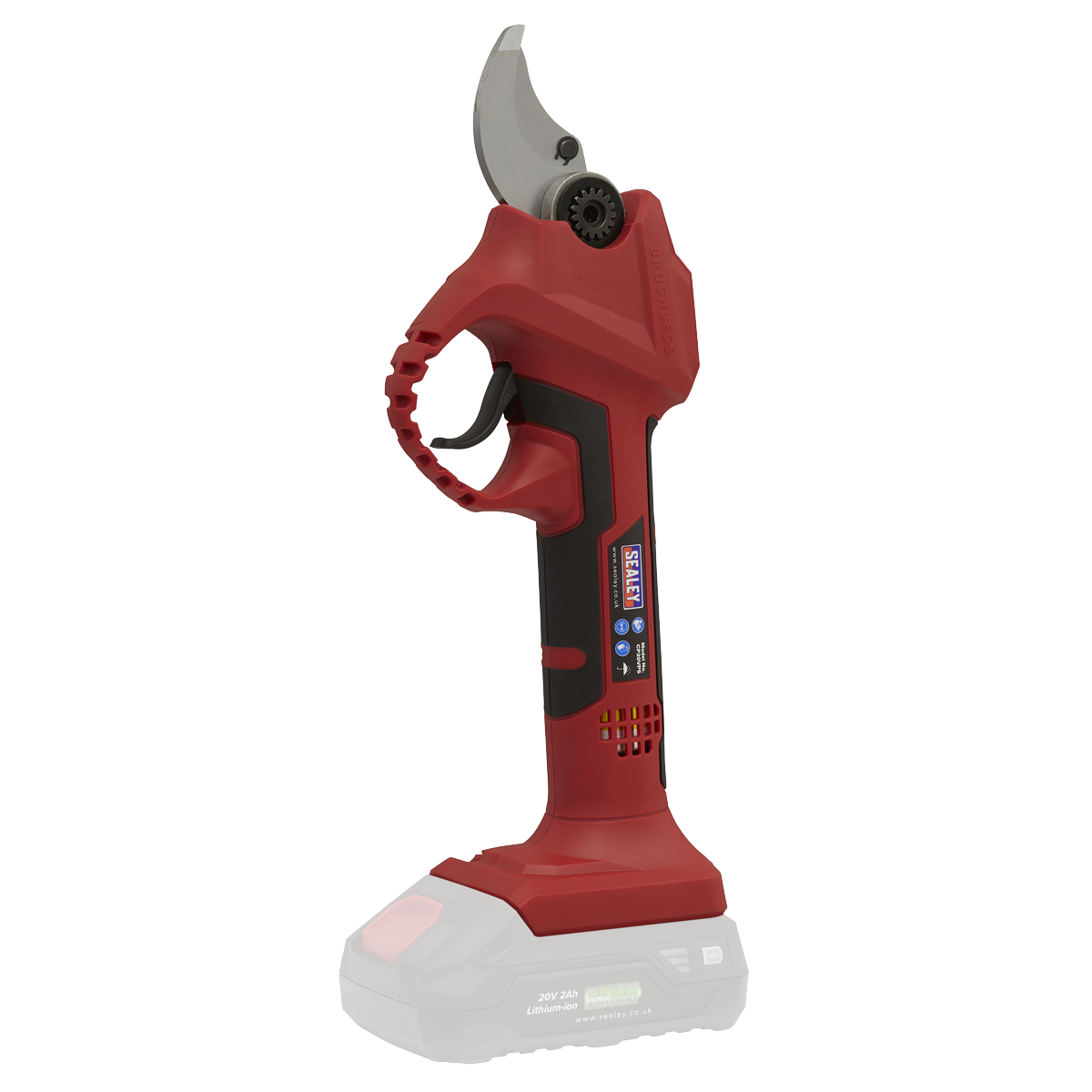 The Sealey Pruning Shears Cordless 20V SV20 Series - Body Only - CP20VPS features a red and black design with a brushless motor, a trigger handle, and a 20V battery pack at the bottom.