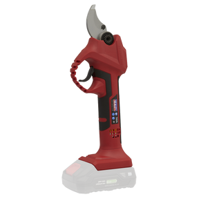 The Sealey Pruning Shears Cordless 20V SV20 Series - Body Only - CP20VPS features a red and black design with a brushless motor, a trigger handle, and a 20V battery pack at the bottom.