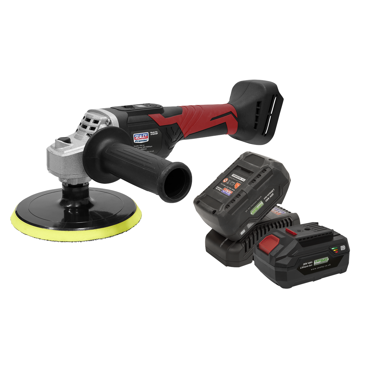 The Sealey Cordless Rotary Polisher Kit 20V SV20 Series Ø150mm - CP20VRPKIT2, accented in red and black, includes variable speed control and comes with a dual-port battery charger along with two 20V lithium-ion rechargeable batteries.