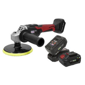 The Sealey Cordless Rotary Polisher Kit 20V SV20 Series Ø150mm - CP20VRPKIT2, accented in red and black, includes variable speed control and comes with a dual-port battery charger along with two 20V lithium-ion rechargeable batteries.