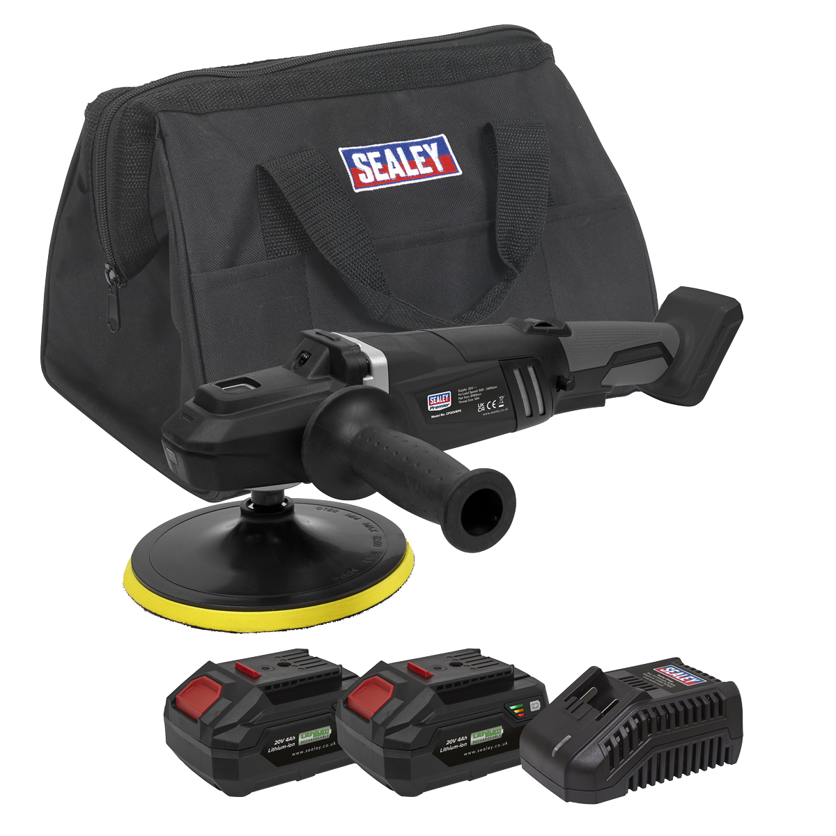 A Sealey branded black carrying bag containing the Brushless Rotary Polisher Kit Ø180mm 20V SV20 Series (CP20VRPXKIT), featuring a cordless rotary polisher with a brushless motor, 6-speed settings, a yellow pad, two rechargeable batteries, and a battery charger.