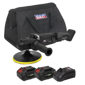 A Sealey branded black carrying bag containing the Brushless Rotary Polisher Kit Ø180mm 20V SV20 Series (CP20VRPXKIT), featuring a cordless rotary polisher with a brushless motor, 6-speed settings, a yellow pad, two rechargeable batteries, and a battery charger.