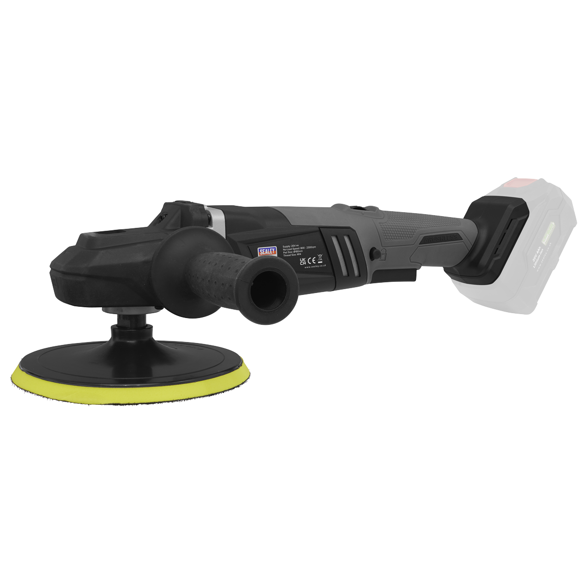 Image of a black Sealey Brushless Rotary Polisher 20V SV20 Series Ø180mm - Body Only - CP20VRPX, featuring a circular yellow pad, side handle, and battery attachment. This tool boasts 6-speed settings and a brushless motor for efficient performance.