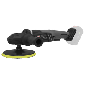 Image of a black Sealey Brushless Rotary Polisher 20V SV20 Series Ø180mm - Body Only - CP20VRPX, featuring a circular yellow pad, side handle, and battery attachment. This tool boasts 6-speed settings and a brushless motor for efficient performance.
