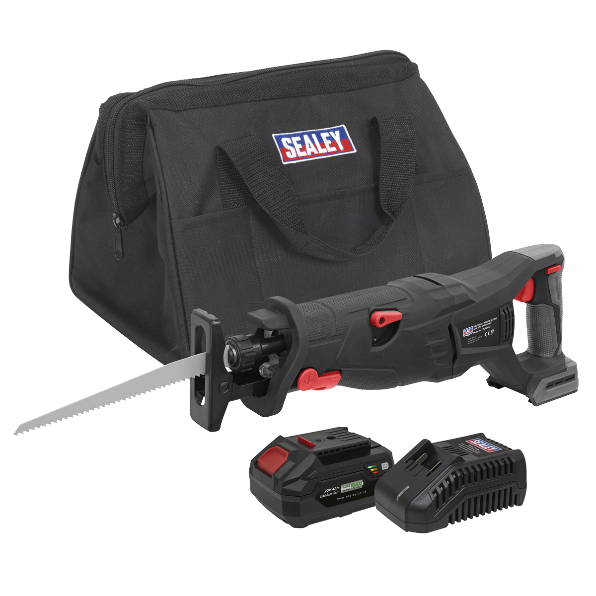 The Sealey Brushless Reciprocating Saw 20V 4Ah SV20 Series Kit - CP20VRSXKIT1 is a black cordless saw featuring a red and black handle, a powerful 20V brushless motor, and comes complete with a battery pack, charger, and a black carrying bag emblazoned with the "Sealey" logo.