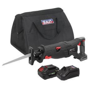 The Sealey Brushless Reciprocating Saw 20V 4Ah SV20 Series Kit - CP20VRSXKIT1 is a black cordless saw featuring a red and black handle, a powerful 20V brushless motor, and comes complete with a battery pack, charger, and a black carrying bag emblazoned with the "Sealey" logo.
