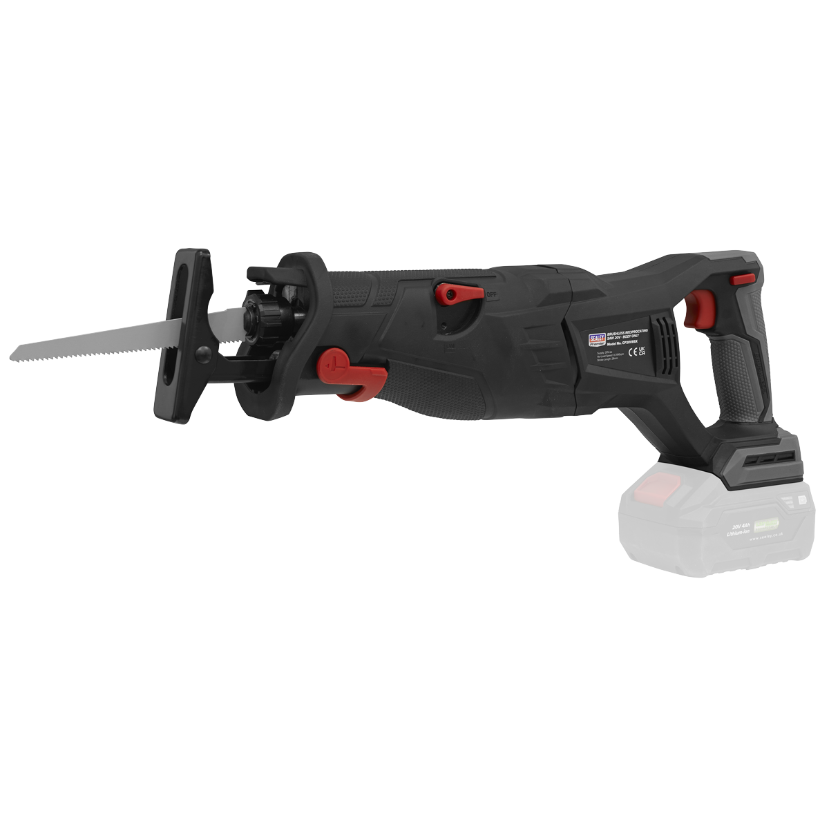 A Sealey Brushless Reciprocating Saw 20V SV20 Series - Body Only (CP20VRSX) in black and red with a visible blade. The tool features a brushless motor and is shown without the battery attached.