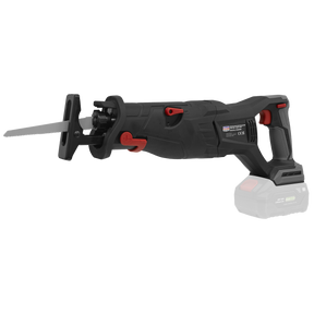A Sealey Brushless Reciprocating Saw 20V SV20 Series - Body Only (CP20VRSX) in black and red with a visible blade. The tool features a brushless motor and is shown without the battery attached.