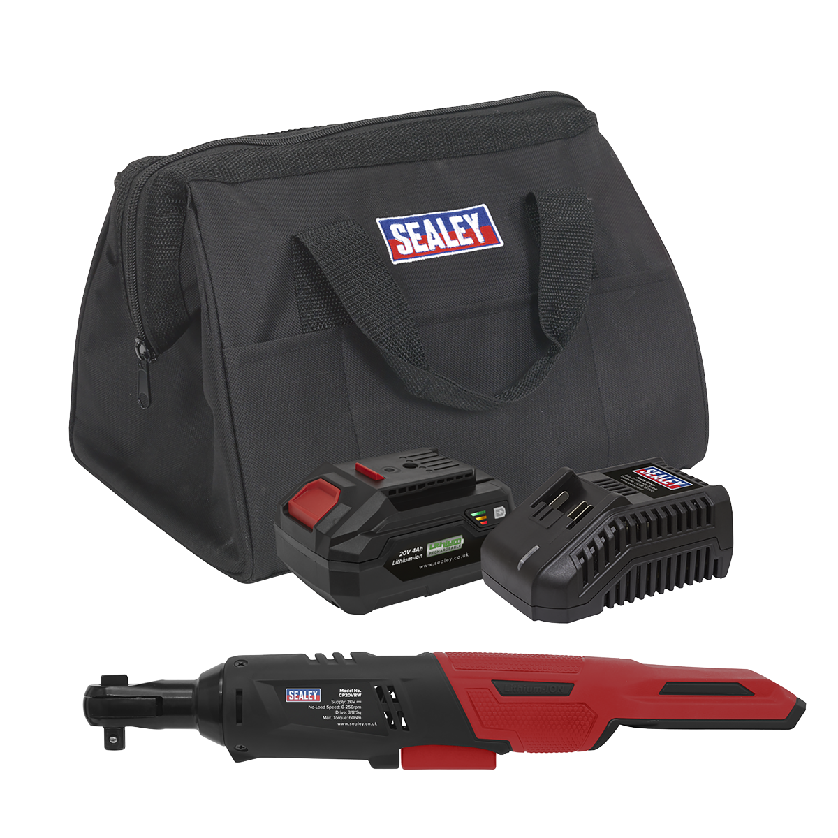 A Sealey Cordless Ratchet Wrench Kit, model CP20VRWKIT1 from the SV20 Series, featuring a 3/8" square drive, 60Nm torque, and a 20V 4Ah lithium-ion battery pack. Comes in black and red with an included charger and sleek black carrying bag.