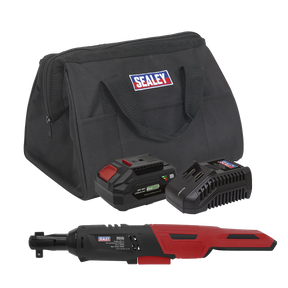 A Sealey Cordless Ratchet Wrench Kit, model CP20VRWKIT1 from the SV20 Series, featuring a 3/8" square drive, 60Nm torque, and a 20V 4Ah lithium-ion battery pack. Comes in black and red with an included charger and sleek black carrying bag.