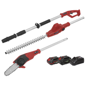 A red and black Sealey Telescopic Cordless Hedge Trimmer & Chainsaw Kit from the SV20 Series, model CP20VTPCOMBO, includes a pole hedge trimmer, chainsaw attachment, two rechargeable 20V batteries with a one-battery-fits-all system, and a charging station.