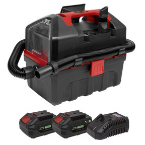 The Sealey Cordless Wet & Dry Vacuum Kit 2 Batteries - 20V 4Ah SV20 Series (CP20VWDVKIT) is a portable, lightweight vacuum in a sleek red and black design. This 10L handheld vacuum features a flexible hose and comes with one battery that fits all tools in the SV20 series, along with an additional battery and charger for extended use.
