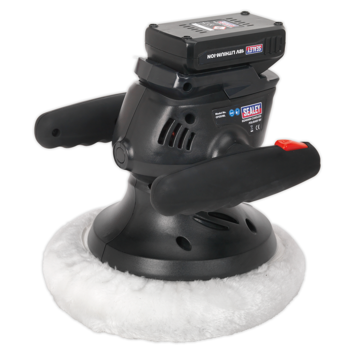 A Sealey Cordless Polisher Ø240mm 18V Lithium-ion - CP2518L with a white buffer pad and two handles for grip, featuring a power button and an 18V lithium-ion battery on top.