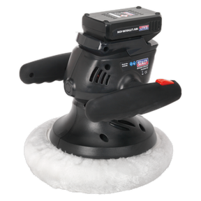 A Sealey Cordless Polisher Ø240mm 18V Lithium-ion - CP2518L with a white buffer pad and two handles for grip, featuring a power button and an 18V lithium-ion battery on top.