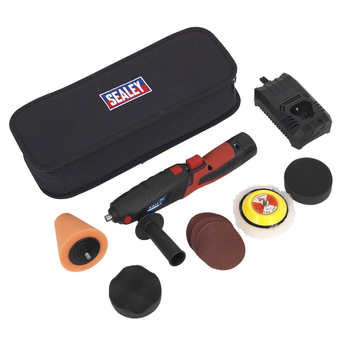 The Sealey Cordless Mini Sander/Polisher Kit Ø75mm 12V Lithium-ion (CP2812V) is displayed, featuring a handheld polisher with variable speed control, polishing pads, a 12V lithium-ion battery pack, a charger, and a storage case.