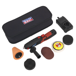 The Sealey Cordless Mini Sander/Polisher Kit Ø75mm 12V Lithium-ion (CP2812V) is displayed, featuring a handheld polisher with variable speed control, polishing pads, a 12V lithium-ion battery pack, a charger, and a storage case.