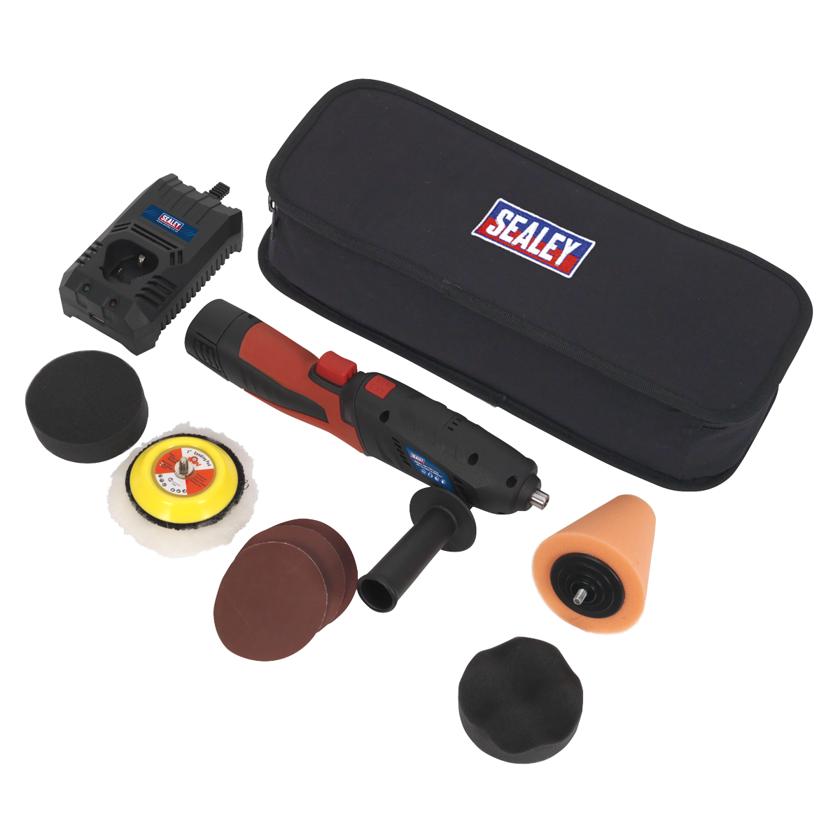 The Sealey Cordless Mini Sander/Polisher Kit Ø75mm 12V Lithium-ion - CP2812V features variable speed control, a range of attachments and accessories, a carrying case, and a charger.