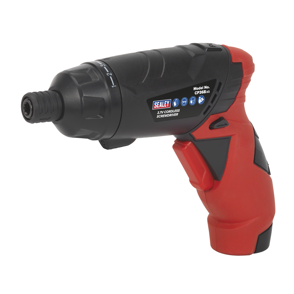 Introducing the Sealey Cordless Screwdriver Set 26pc 3.6V Lithium-ion - CP36B, a versatile tool equipped with an ergonomic black and red handle and adjustable torque settings. Designed for precision tasks, it also includes an LED worklight for enhanced visibility.