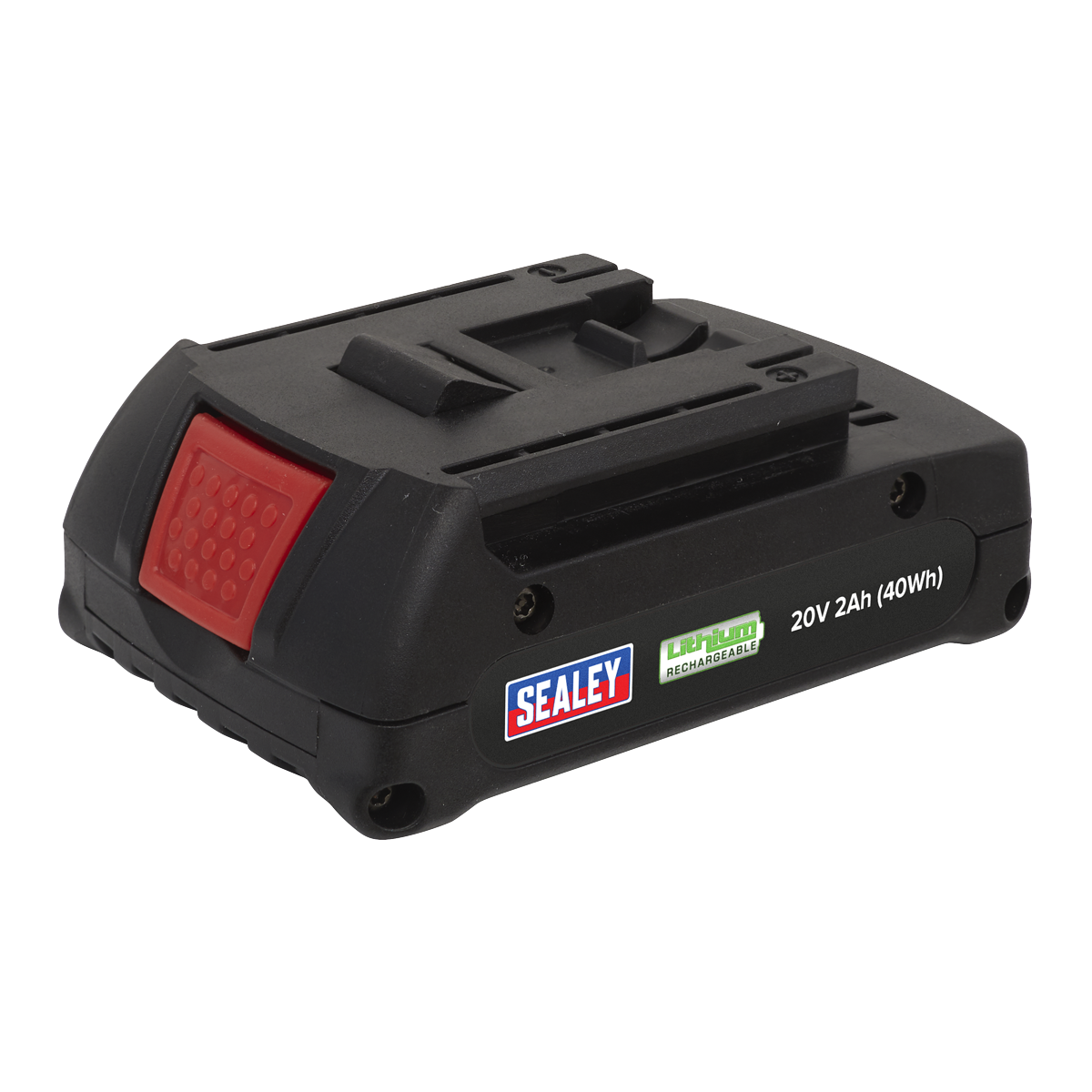 A rechargeable 20V, 2Ah (40Wh) Sealey Lithium-ion Battery (CP3BP) with a red release button and Sealey branding label, compatible with tools such as the CP314 and CP316 Cordless Riveters.