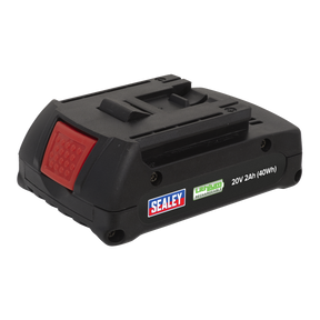 A rechargeable 20V, 2Ah (40Wh) Sealey Lithium-ion Battery (CP3BP) with a red release button and Sealey branding label, compatible with tools such as the CP314 and CP316 Cordless Riveters.