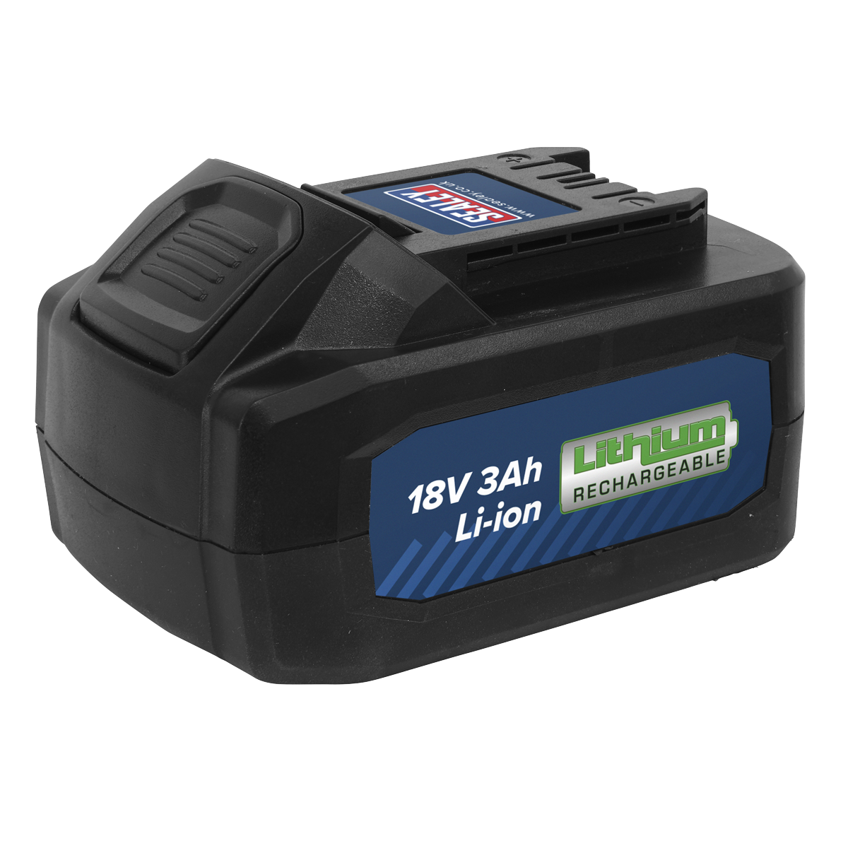 A black 18V 3Ah lithium-ion Power Tool Battery (CP400BP) for CP400LI and CP440LIHV, branded by Sealey, with blue and green labeling.