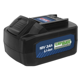 A black 18V 3Ah lithium-ion Power Tool Battery (CP400BP) for CP400LI and CP440LIHV, branded by Sealey, with blue and green labeling.