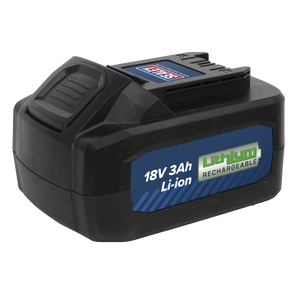 A black 18V 3Ah lithium-ion Power Tool Battery (CP400BP) for CP400LI and CP440LIHV, branded by Sealey, with blue and green labeling.