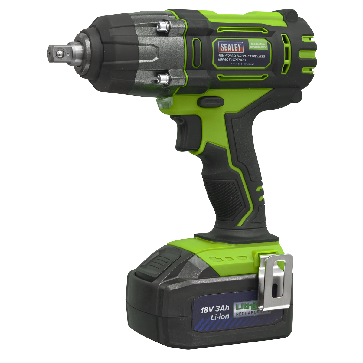 The Sealey Cordless Impact Wrench 18V 3Ah Lithium-ion 1/2"Sq Drive Hi-Vis - CP400LIHV, featuring a green and black design, is shown with an all-metal gear construction and a variable speed trigger. This high-performance tool delivers a torque of up to 550Nm.