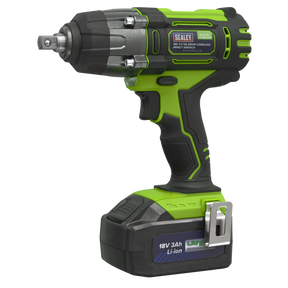 The Sealey Cordless Impact Wrench 18V 3Ah Lithium-ion 1/2"Sq Drive Hi-Vis - CP400LIHV, featuring a green and black design, is shown with an all-metal gear construction and a variable speed trigger. This high-performance tool delivers a torque of up to 550Nm.