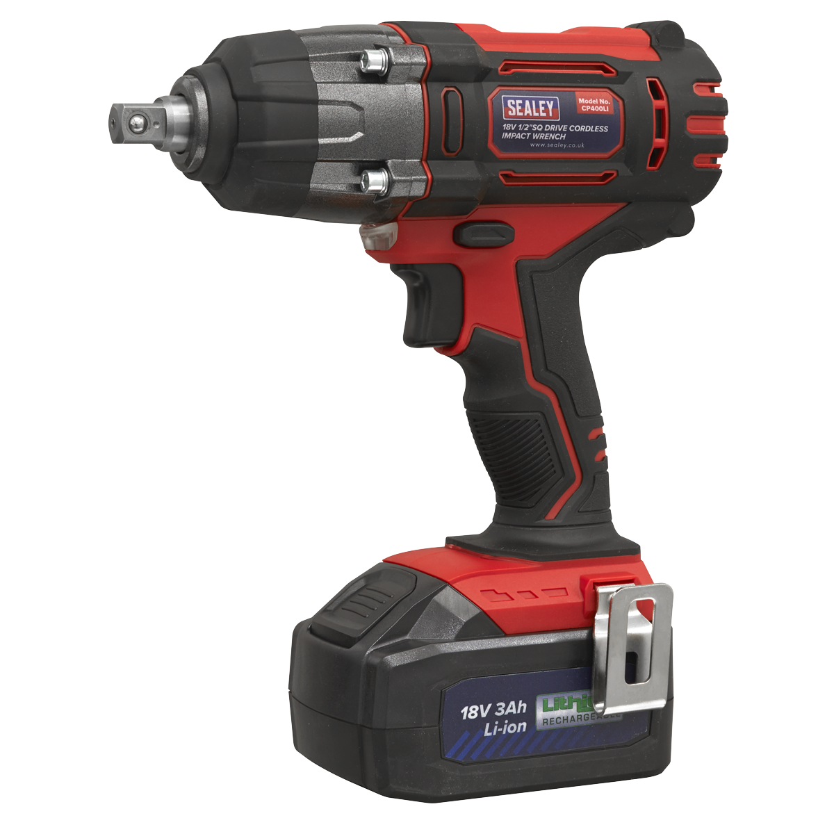 A cordless impact wrench from Sealey, model CP400LI, featuring an 18V, 3Ah lithium-ion battery pack and a variable speed trigger for precise control, offers up to 550Nm of torque in a red and black design.