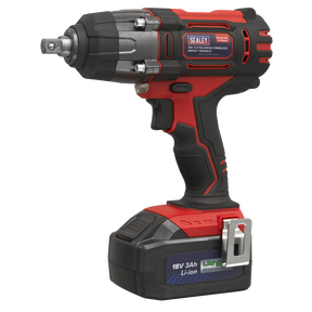 A cordless impact wrench from Sealey, model CP400LI, featuring an 18V, 3Ah lithium-ion battery pack and a variable speed trigger for precise control, offers up to 550Nm of torque in a red and black design.