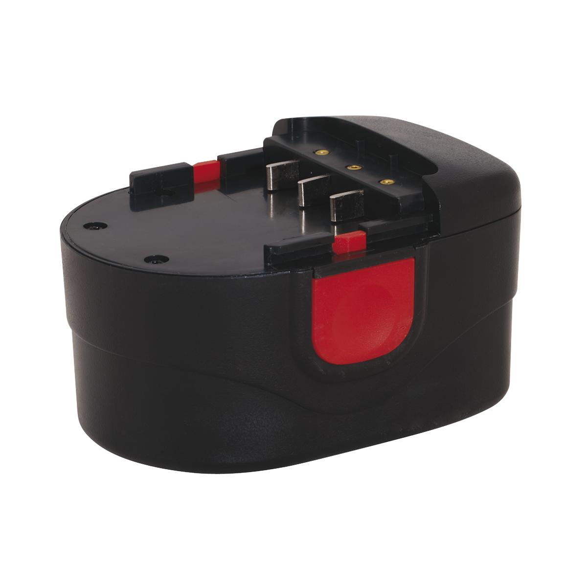 A Sealey Power Tool Battery 12V 2Ah Lithium-ion for the CPG12V Cordless Grease Gun, featuring exposed metallic connectors, and a black and red rechargeable design.