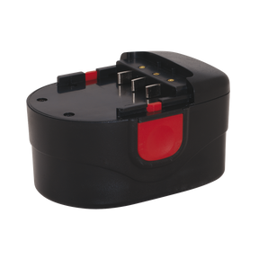 A Sealey Power Tool Battery 12V 2Ah Lithium-ion for the CPG12V Cordless Grease Gun, featuring exposed metallic connectors, and a black and red rechargeable design.