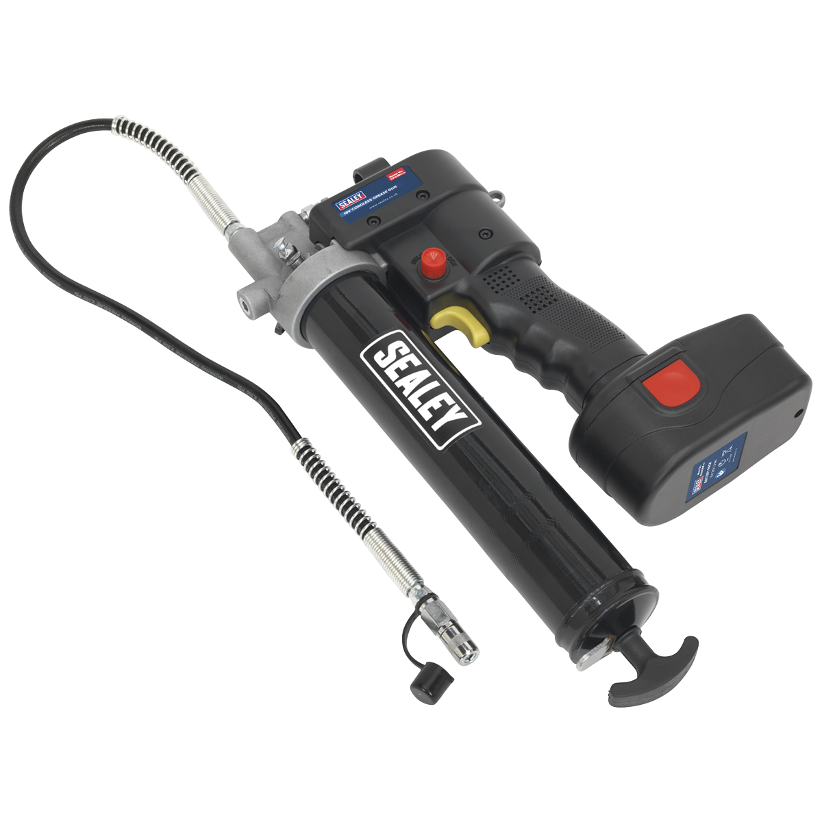 A black Sealey Cordless Grease Gun 18V - CPG18V featuring a flexible hose and a reliable lithium-ion battery, perfect for professional lubrication tasks.