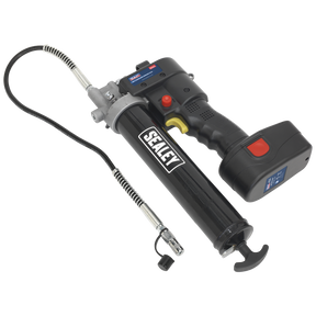 A black Sealey Cordless Grease Gun 18V - CPG18V featuring a flexible hose and a reliable lithium-ion battery, perfect for professional lubrication tasks.