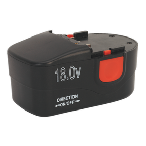 A black 18.0V rechargeable battery pack from Sealey, labeled as Model No. CPG18VBP, featuring a red latch and an on/off switch.