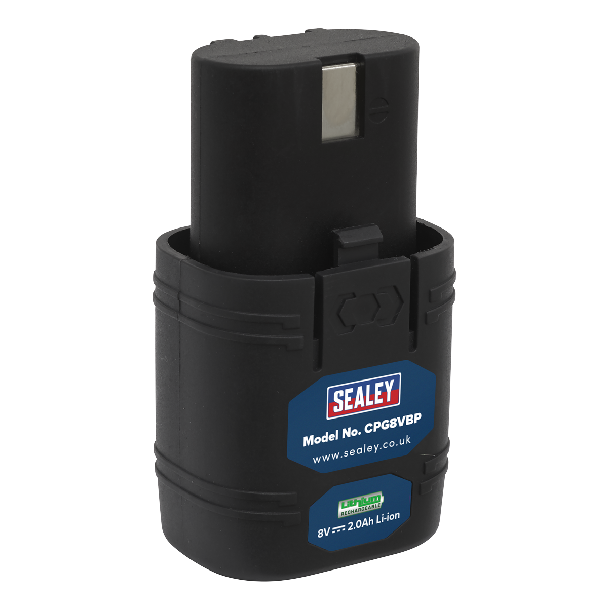 Sealey Power Tool Battery 8V 2Ah Lithium-ion model CPG8VBP, designed for your cordless grease gun, featuring a sleek black casing and a distinct blue label.