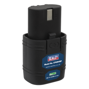 Sealey Power Tool Battery 8V 2Ah Lithium-ion model CPG8VBP, designed for your cordless grease gun, featuring a sleek black casing and a distinct blue label.