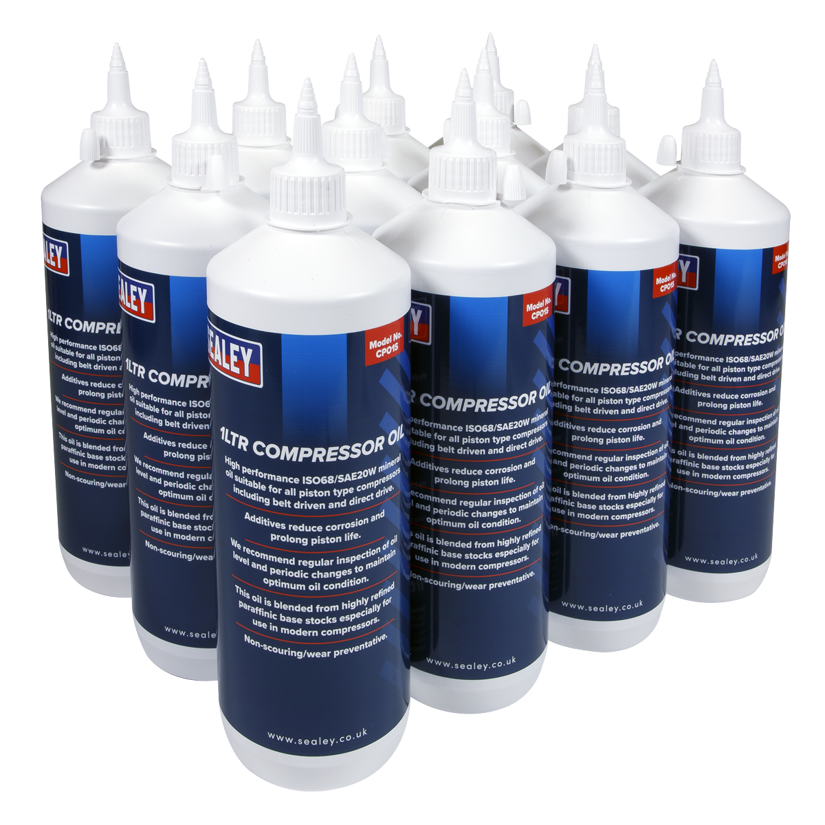 A pack of 12 bottles of Sealey Compressor Oil (CPO/1), each in 1-litre containers with detailed labeling, white caps, and a blue and white design.