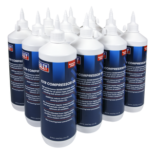 A pack of 12 bottles of Sealey Compressor Oil (CPO/1), each in 1-litre containers with detailed labeling, white caps, and a blue and white design.