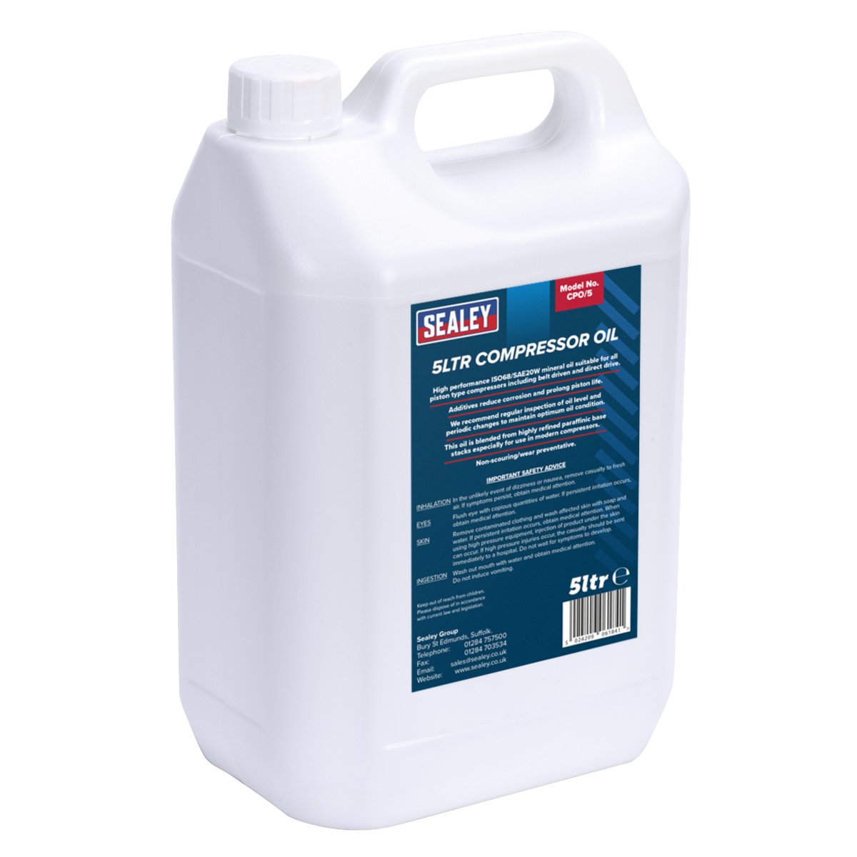 A 5-litre container of Sealey Compressor Oil 5L - CPO/5, featuring a sleek white design and a blue label filled with product information and safety instructions. Made from high-quality mineral oils to ensure optimal performance.