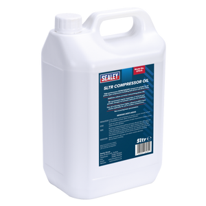 A 5-litre container of Sealey Compressor Oil 5L - CPO/5, featuring a sleek white design and a blue label filled with product information and safety instructions. Made from high-quality mineral oils to ensure optimal performance.