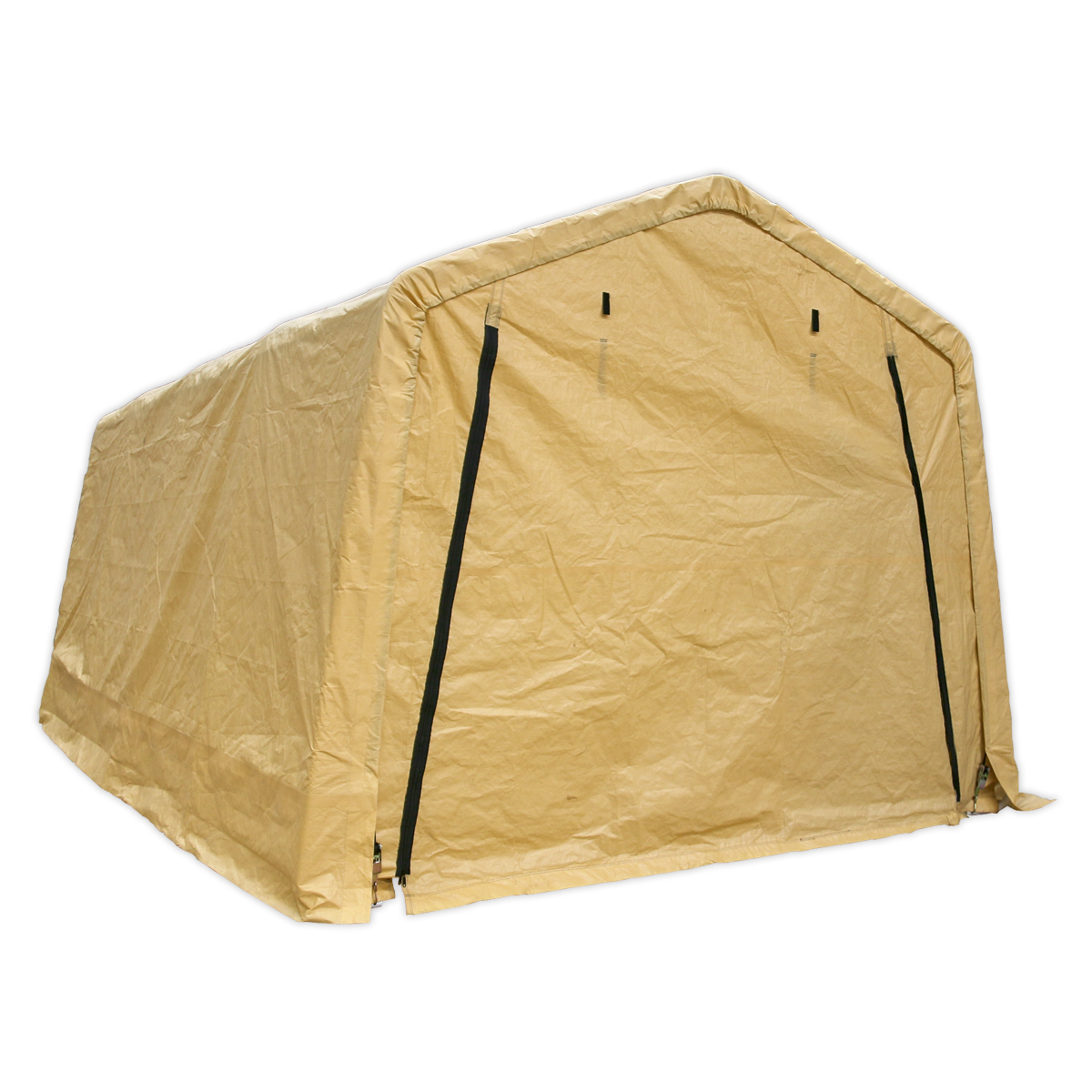 The Sealey Car Port Shelter CPS01, measuring 3 x 5.2 x 2.4m, is a beige, rectangular tent made from heavy-duty tarpaulin, featuring a peaked roof, black trim, and a partially open front flap.