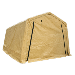 The Sealey Car Port Shelter CPS01, measuring 3 x 5.2 x 2.4m, is a beige, rectangular tent made from heavy-duty tarpaulin, featuring a peaked roof, black trim, and a partially open front flap.